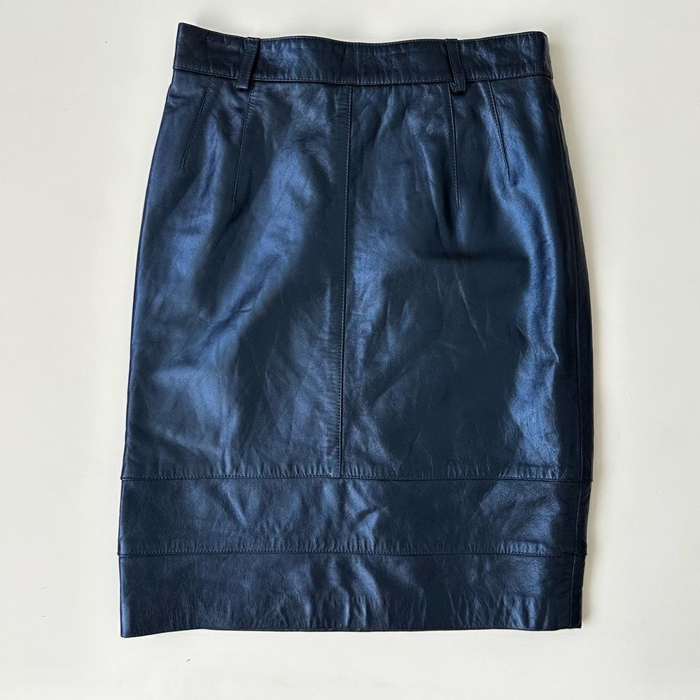 ESCADA Metallic Navy "Lederrock" Leather High Waisted Skirt, Size 36